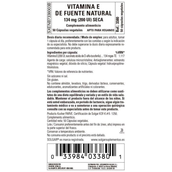 Vitamina E seca 200ui - 50 Cápsulas Veganas