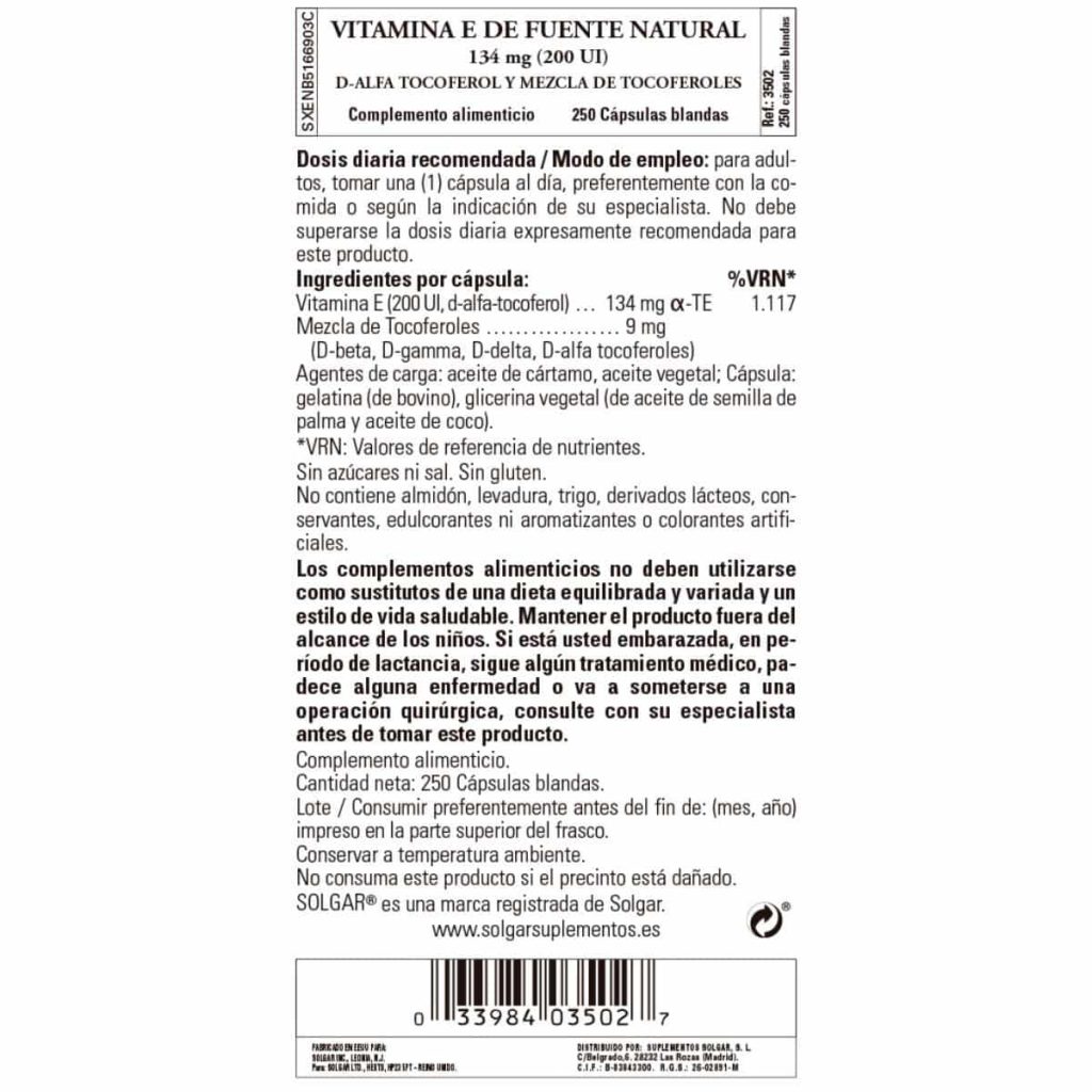 Vitamina E 200ui -134 mg- 250 Cápsulas Blandas detalle 1