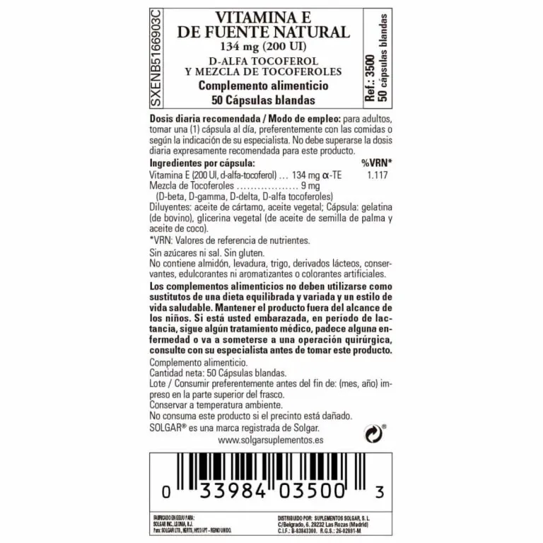 Vitamina E 200ui -134 mg- 50 Cápsulas Blandas