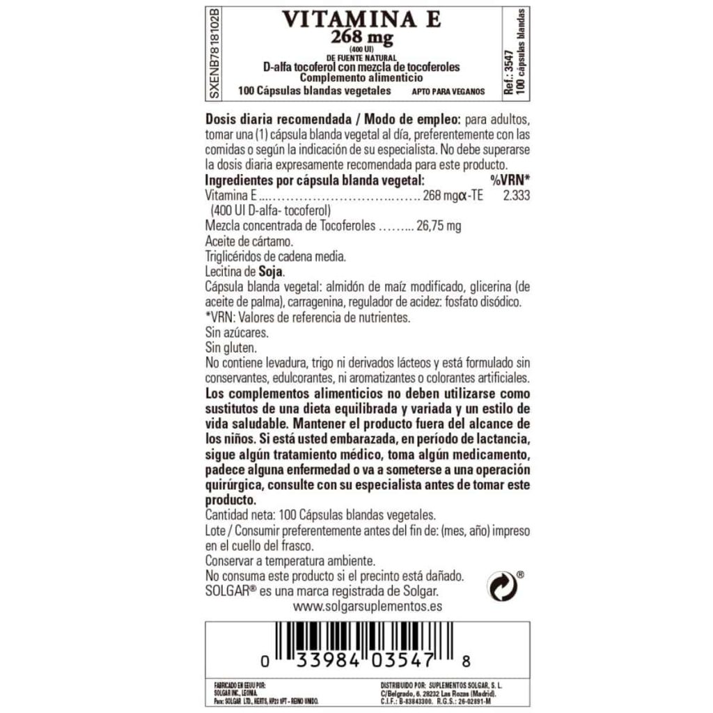 Vitamina E 400iu -268 mg- 100 Cápsulas Blandas detalle 1