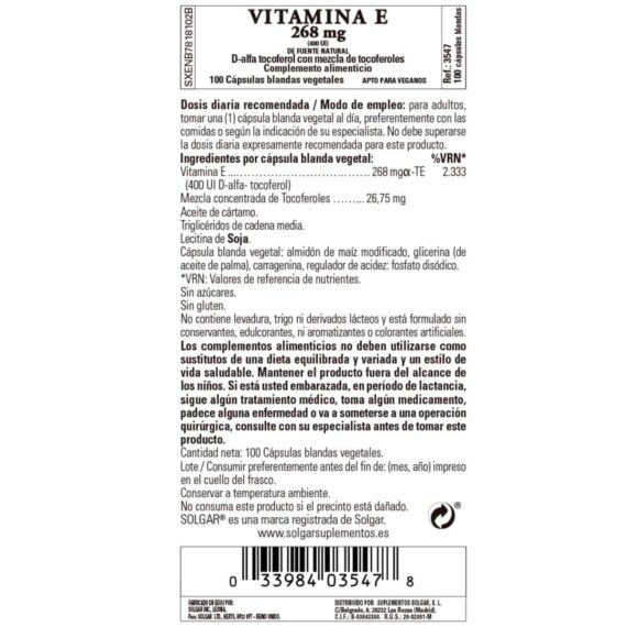 Vitamina E 400iu -268 mg- 100 Cápsulas Blandas