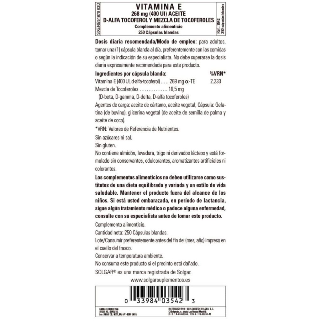 Vitamina E 400iu -268 mg- 250 Cápsulas Blandas detalle 1