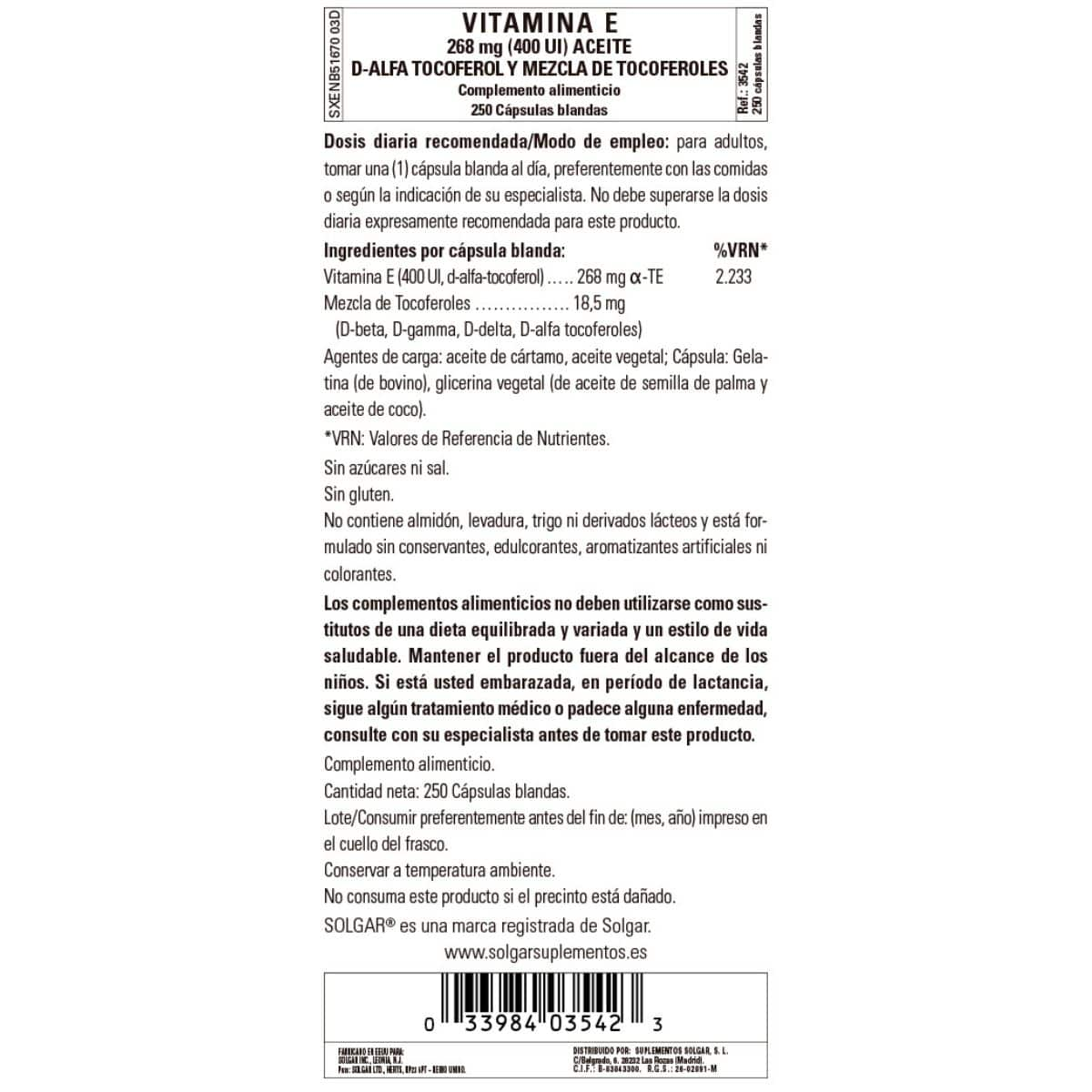 Vitamina E 400iu -268 mg- 250 Cápsulas Blandas