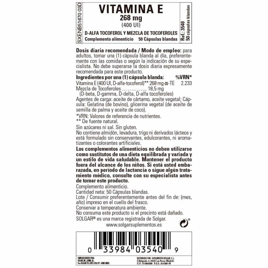 Vitamina E 400iu -268 mg- 50 Cápsulas Blandas Veganas detalle 1