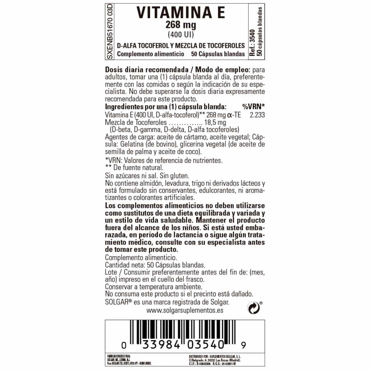 Vitamina E 400iu -268 mg- 50 Cápsulas Blandas Veganas