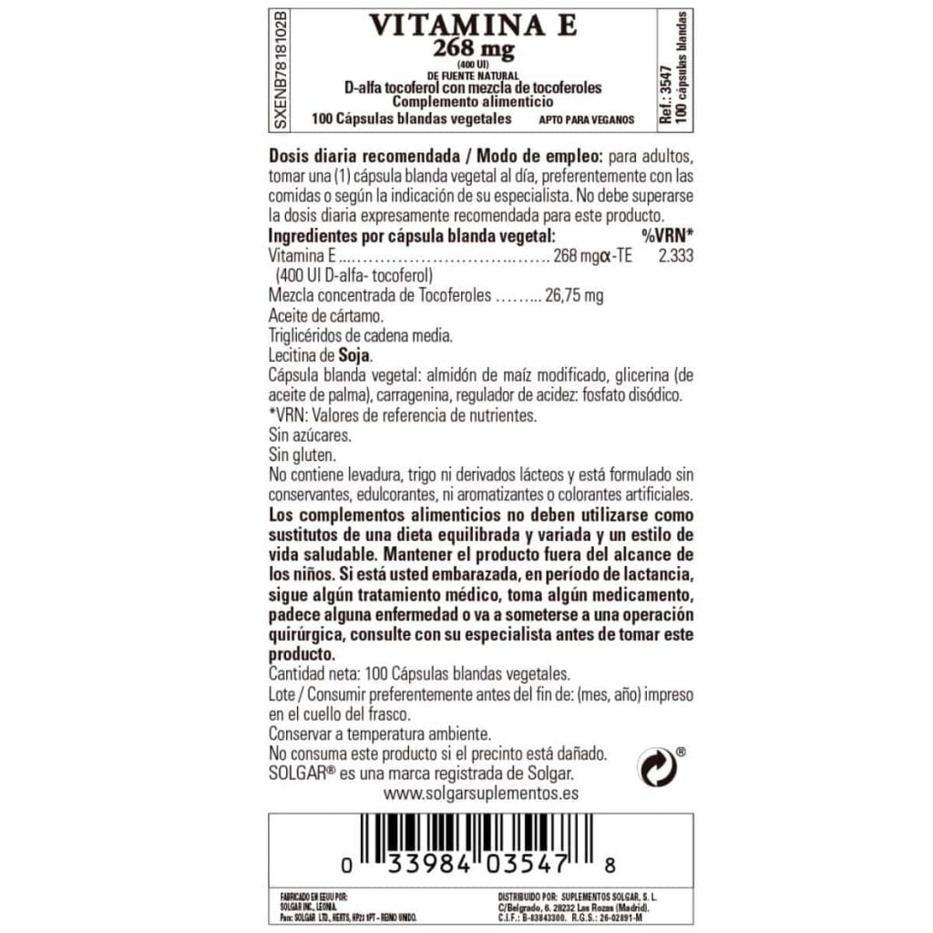 Vitamina E 400ui -268 mg- 100 Cápsulas Blandas Veganas detalle 1