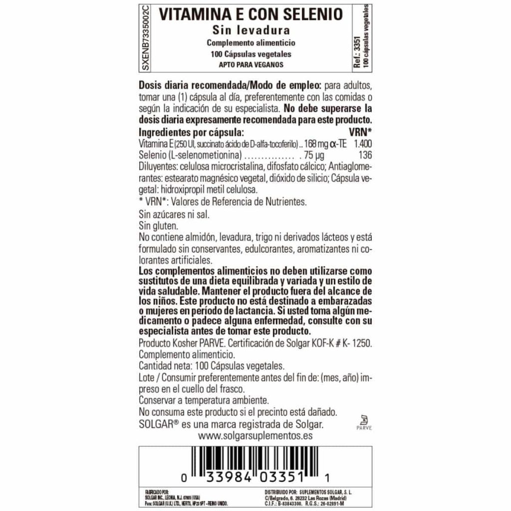 Vitamina E Selenio - 100 Cápsulas Veganas detalle 1
