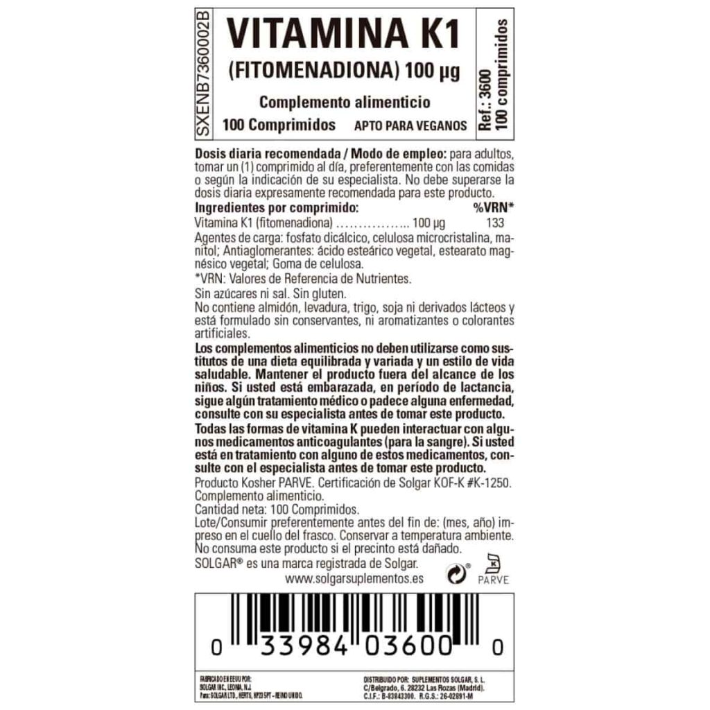 Vitamina K Natural 100 mcg - 100 Comprimidos detalle 1