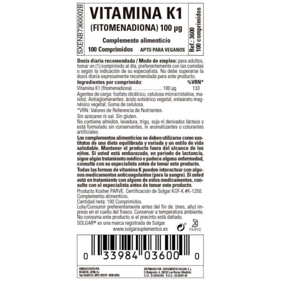 Vitamina K Natural 100 mcg - 100 Comprimidos