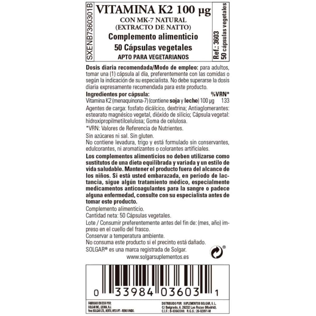 Vitamina K2 100 mcg - 50 Cápsulas Veganas detalle 1
