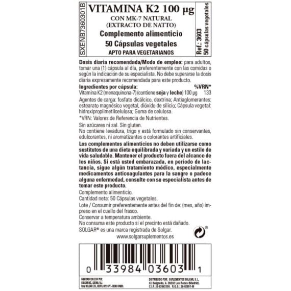 Vitamina K2 100 mcg - 50 Cápsulas Veganas
