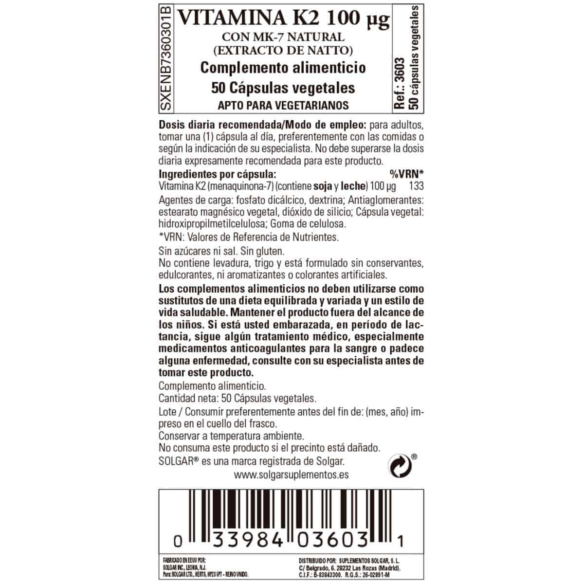 Vitamina K2 100 mcg – 50 Cápsulas Veganas