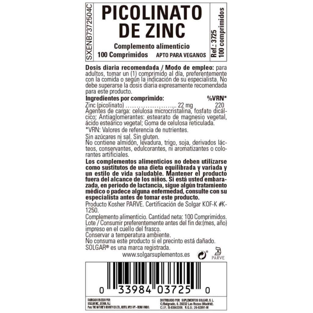 Picolinato de Zinc 22 mg - 100 Comprimidos detalle 1