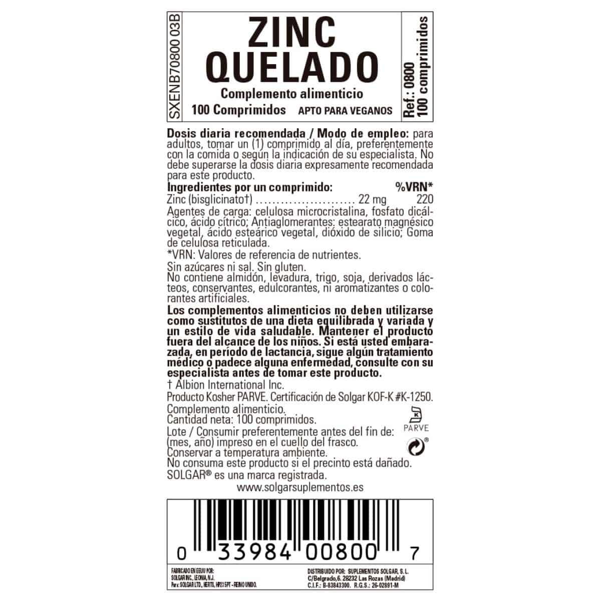 Zinc Quelado – 100 Comprimidos