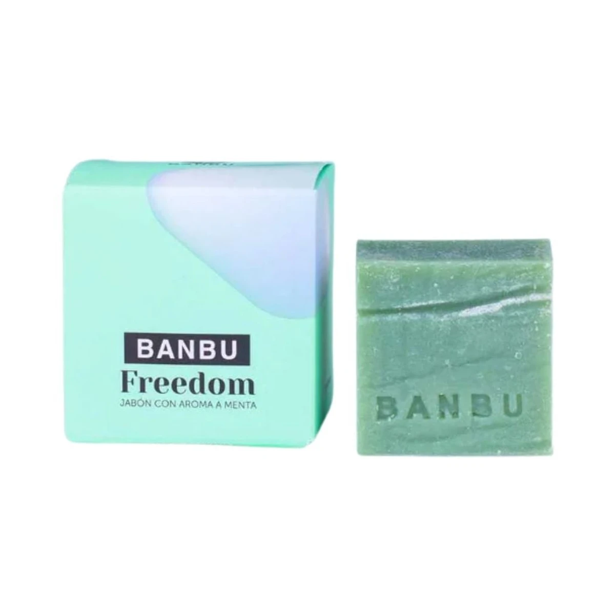 pastilla de jabón de ducha sólido mentolado de banbu junto a su caja de cartón freedom