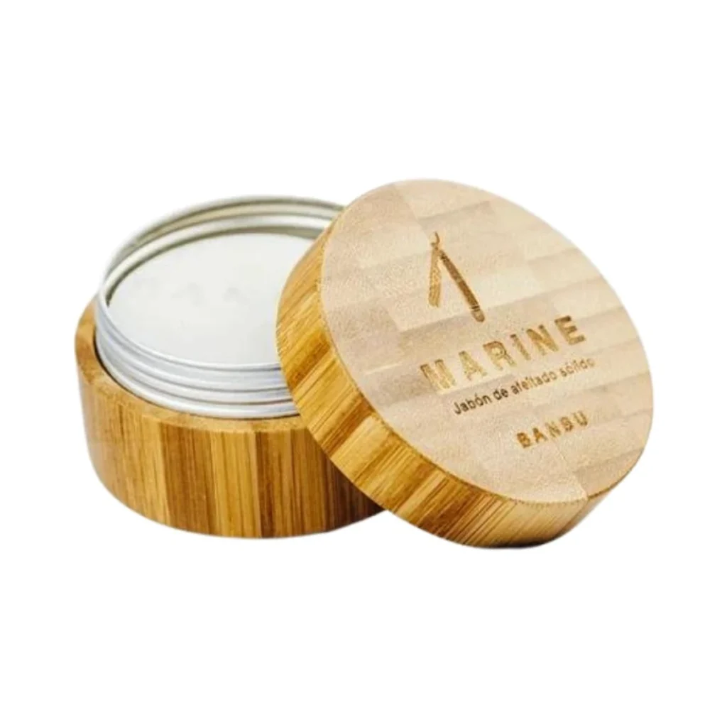 jabón de afeitado vegano marine de banbu en cuenco de aluminio con tapa de bambú