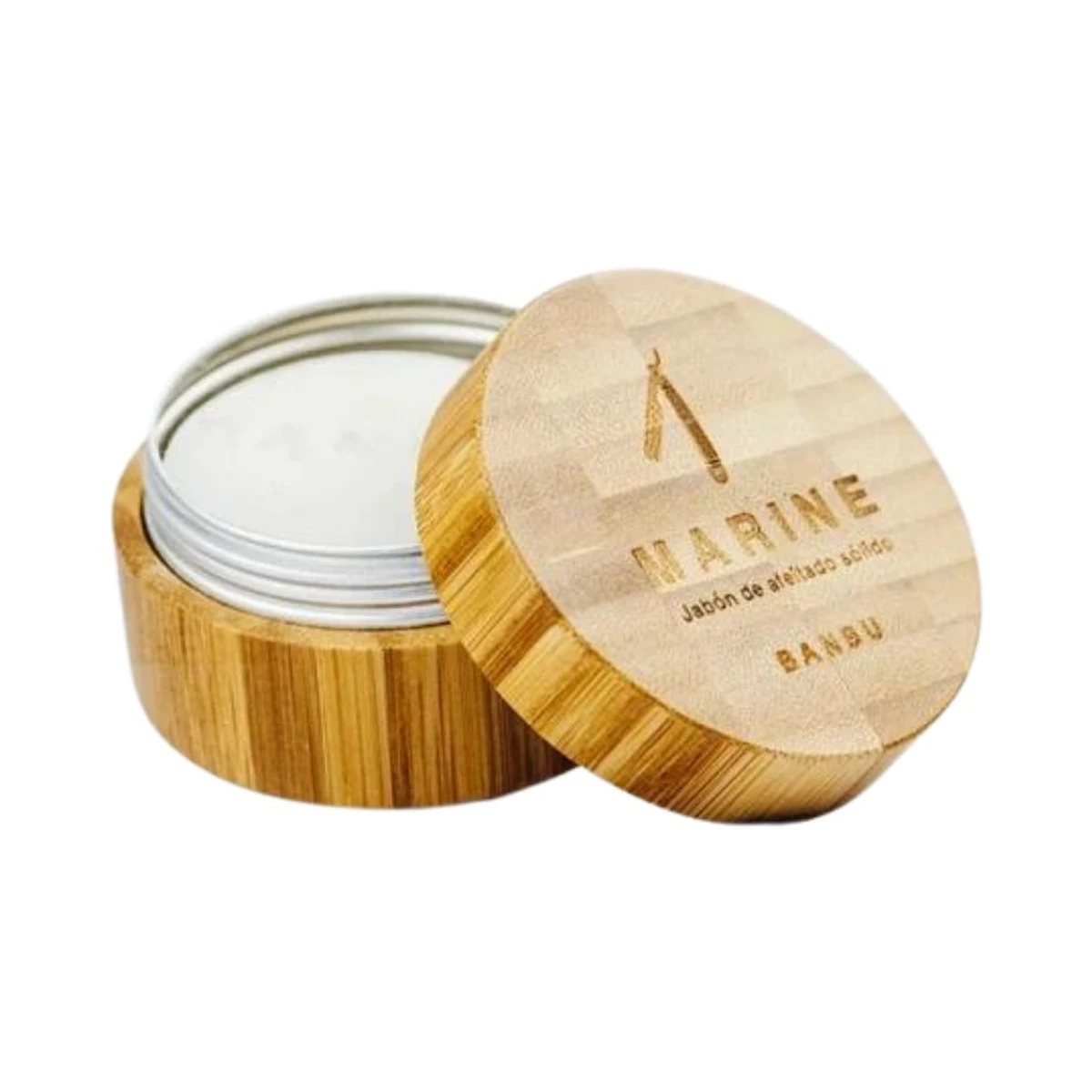 jabón de afeitado vegano marine de banbu en cuenco de aluminio con tapa de bambú