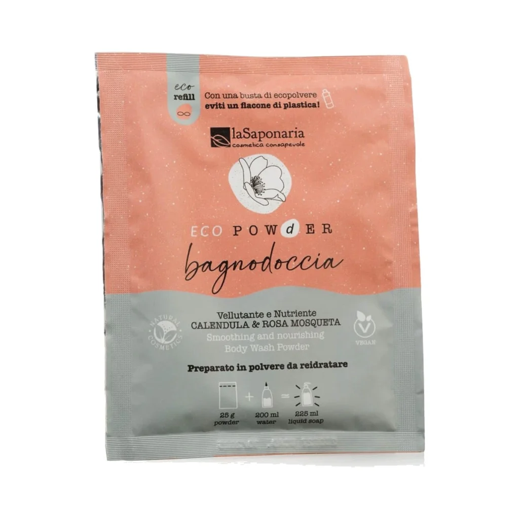 sobre de gel de ducha en polvo de caléndula y rosa mosqueta de la saponaria de 25 g para preparar en casa