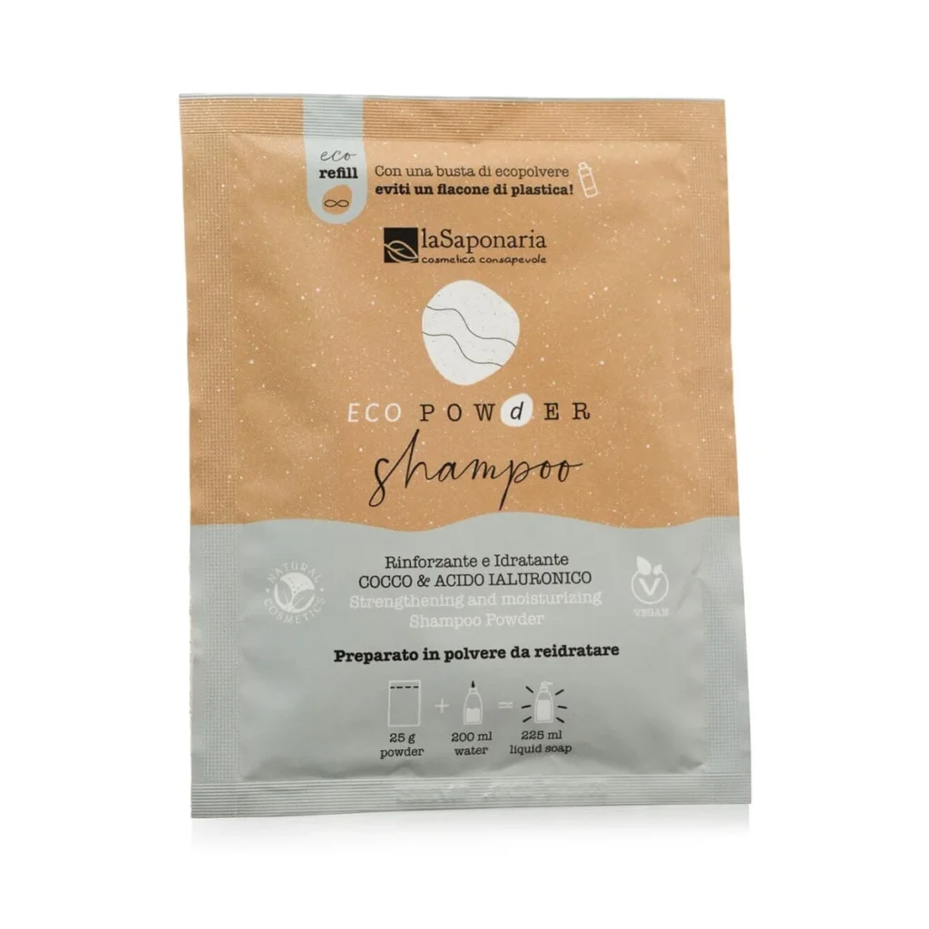 sobre de champú en polvo de coco y ácido hialurónico de la saponaria de 25 g para preparar en casa