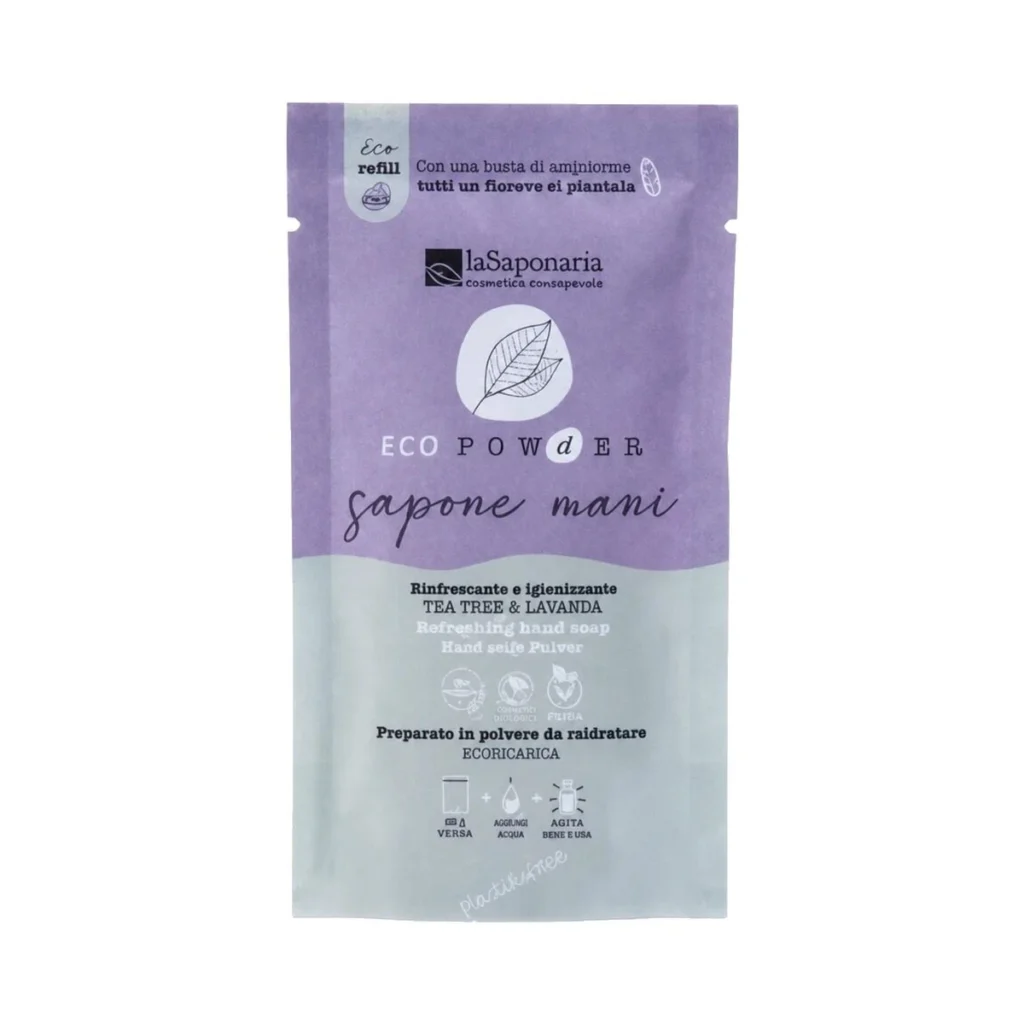 sobre de jabón de manos en polvo de árbol de té y lavanda de la saponaria de 25 g para preparar en casa