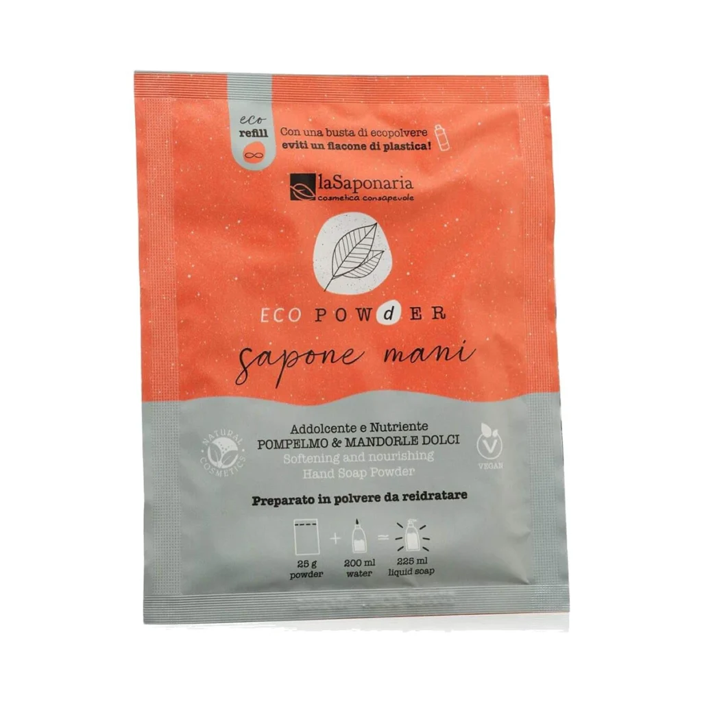 sobre de jabón de manos en polvo de pomelo y almendras de la saponaria de 25 g para preparar en casa