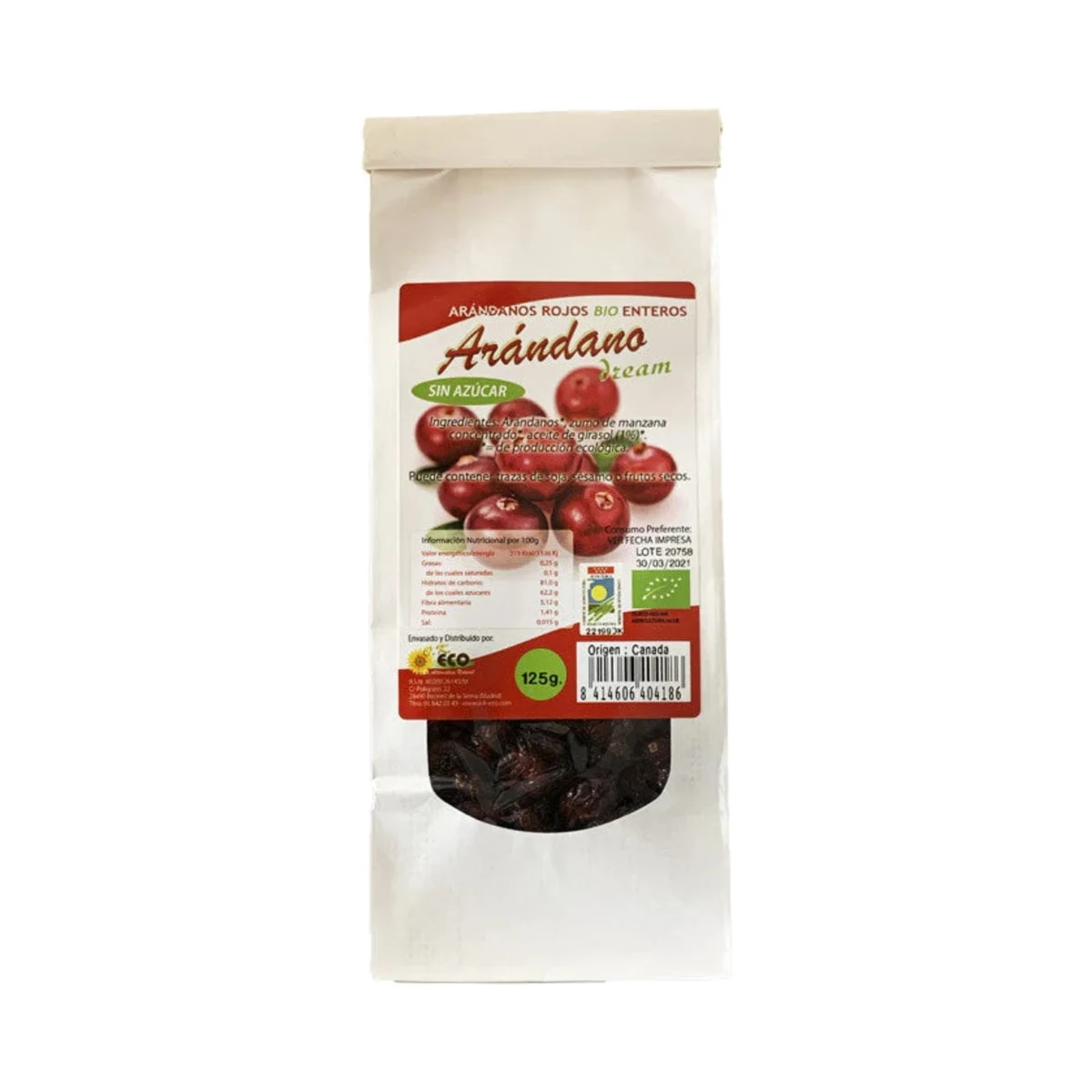 bolsa de arándanos rojos deshidratados con sirope de manzana ecológicos dream foods 125 g