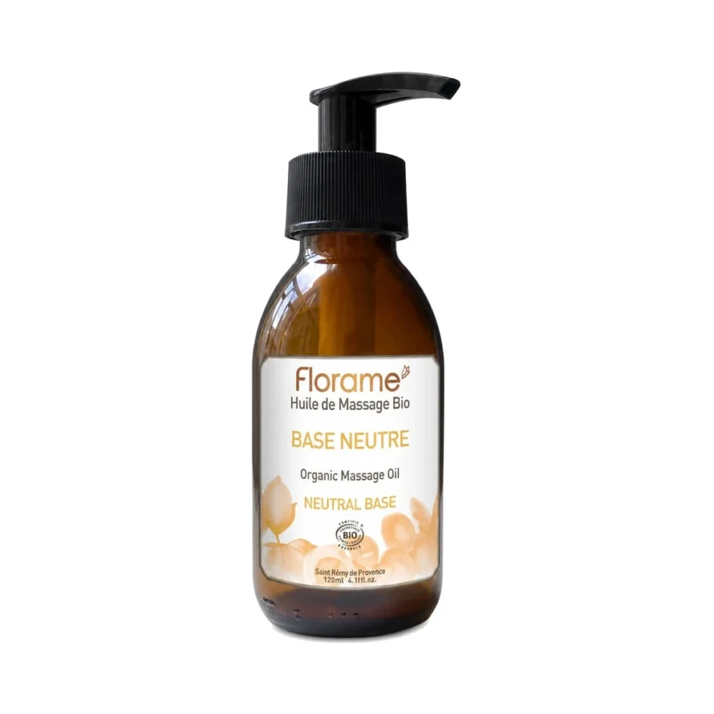 frasco de cristal ámbar con dosificador de aceite de masaje bio base neutra de florame de 120 ml