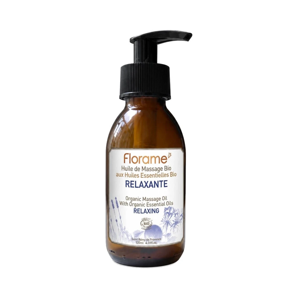 frasco de cristal ámbar con dosificador de aceite de masaje bio relajante de florame de 120 ml