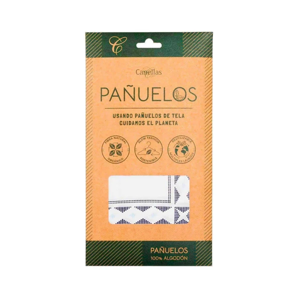 pack de 3 pañuelos de tela de algodón grandes de canellas en su envase de cartón, pañuelos blancos con motivos geométricos grises