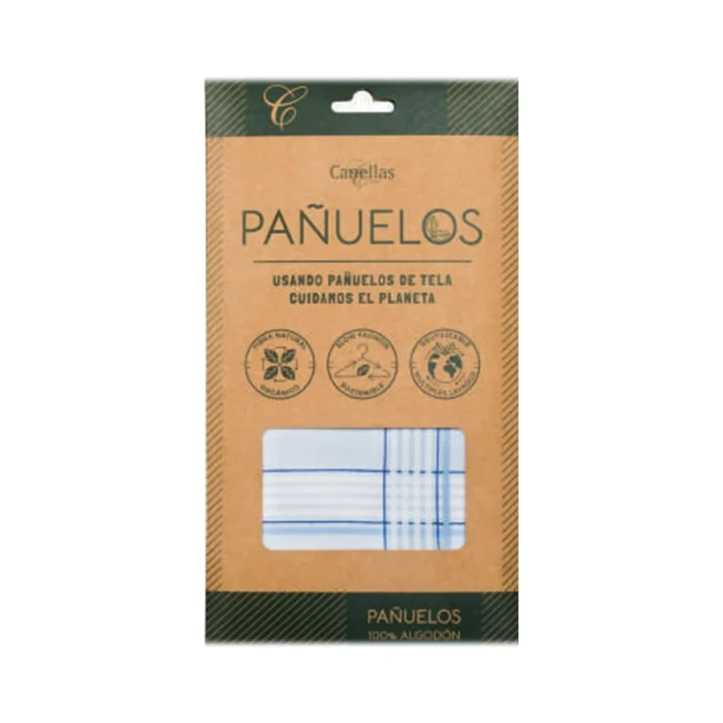 pack de 3 pañuelos de tela de algodón grandes de canellas en su envase de cartón, pañuelos blancos con rayas azules