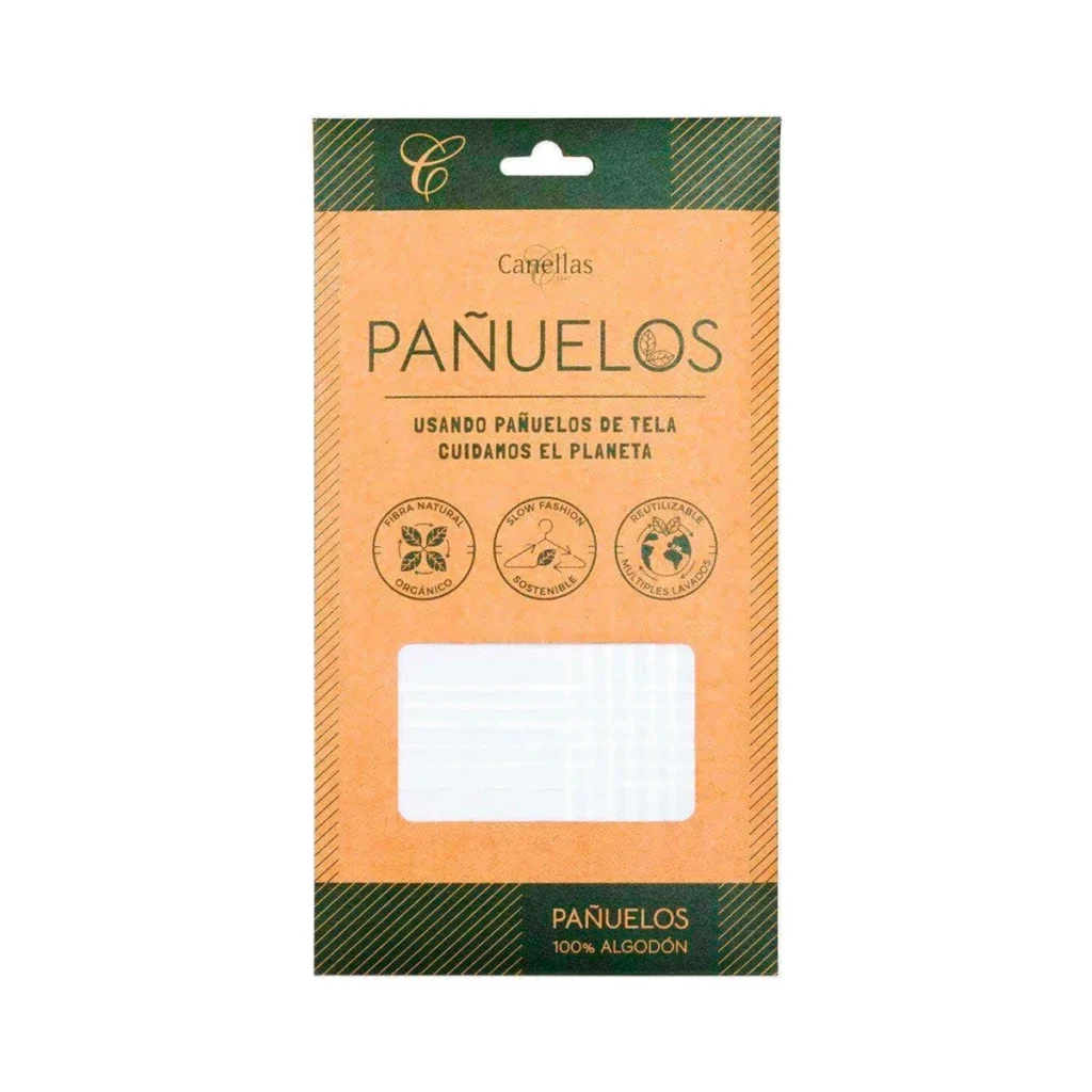 pack de 3 pañuelos de tela de algodón grandes de canellas en su envase de cartón, pañuelos blancos lisos