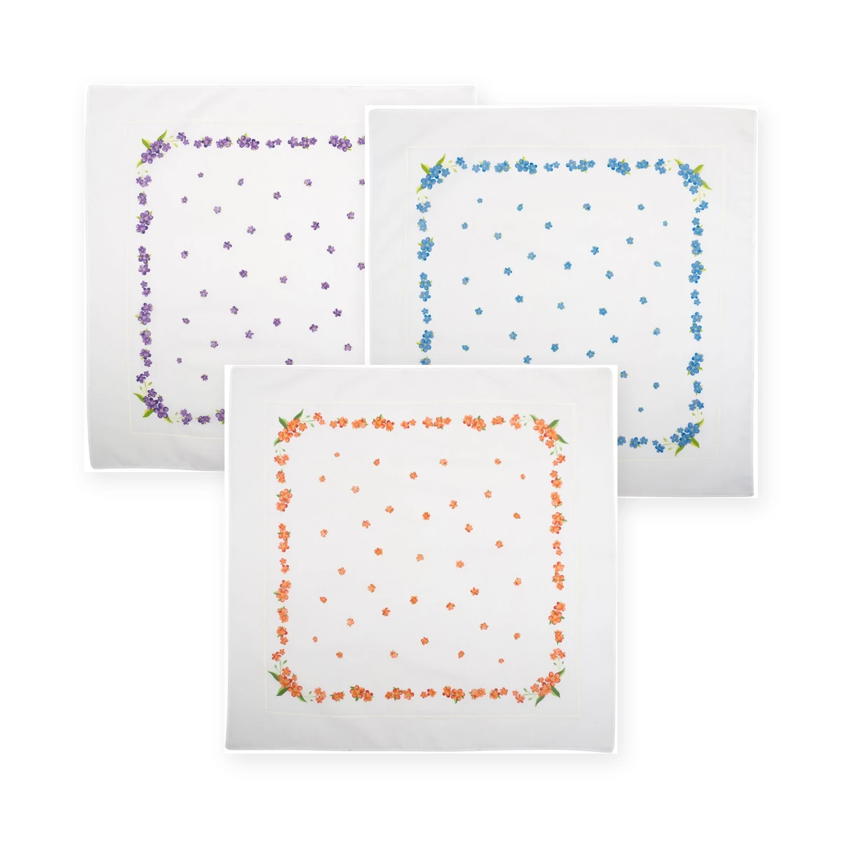 pack de 3 panuelos de tela de algodon pequenos con flores lila azul y naranja