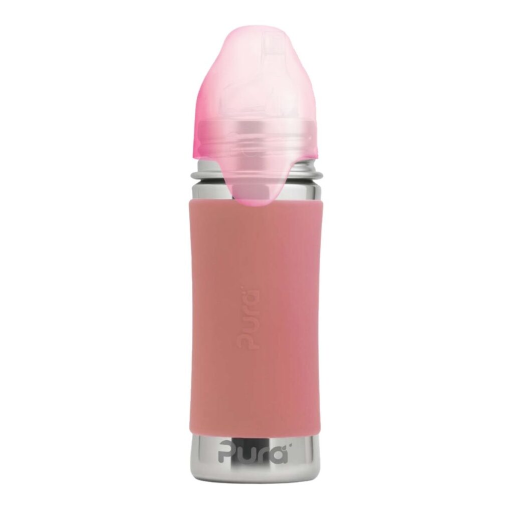 Botella rosa de acero con boquilla y tapón