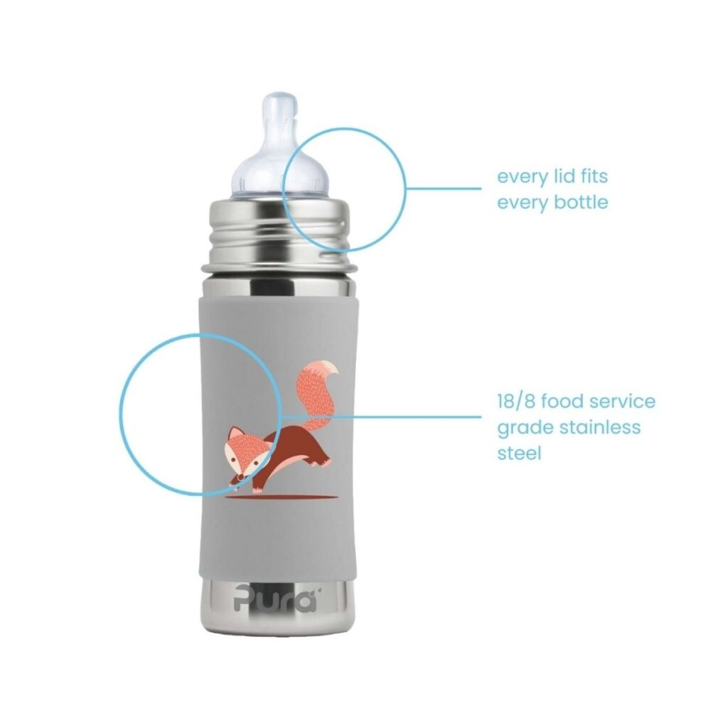 Características biberón de Zorro 325 ml acero inoxidable para bebe con tapa intercambiable