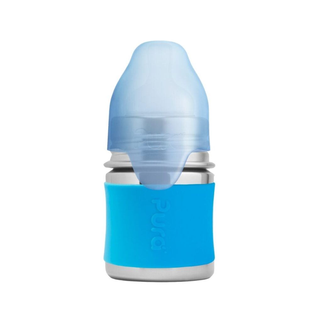 Biberón Azul 150 ml acero inoxidable y sin plásticos con tapón.
