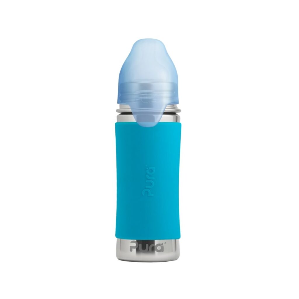 Biberón Azul 325 ml acero inoxidable y sin plásticos con tapón.