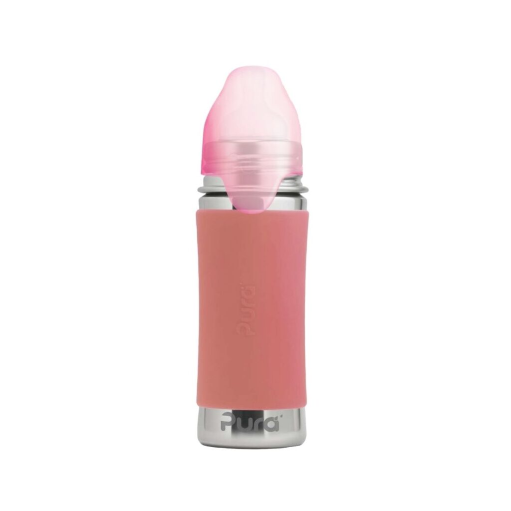 Biberón Rosa 325 ml acero inoxidable y sin plásticos con tapón.