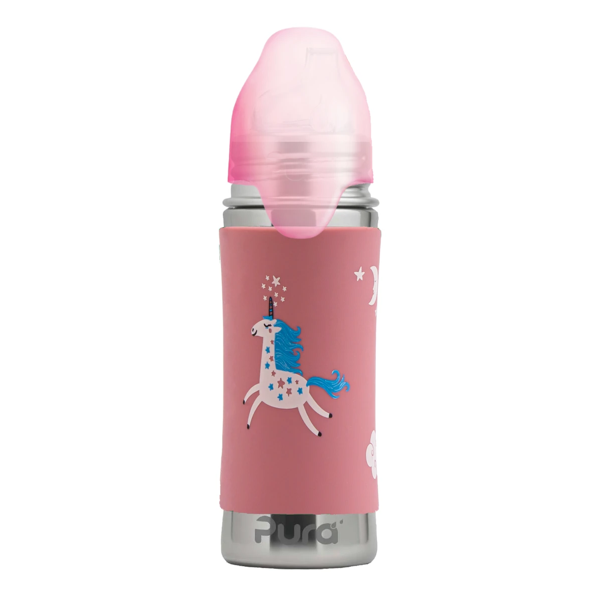 botella unicornio de acero con boquilla y tapa protectora de viaje puesta
