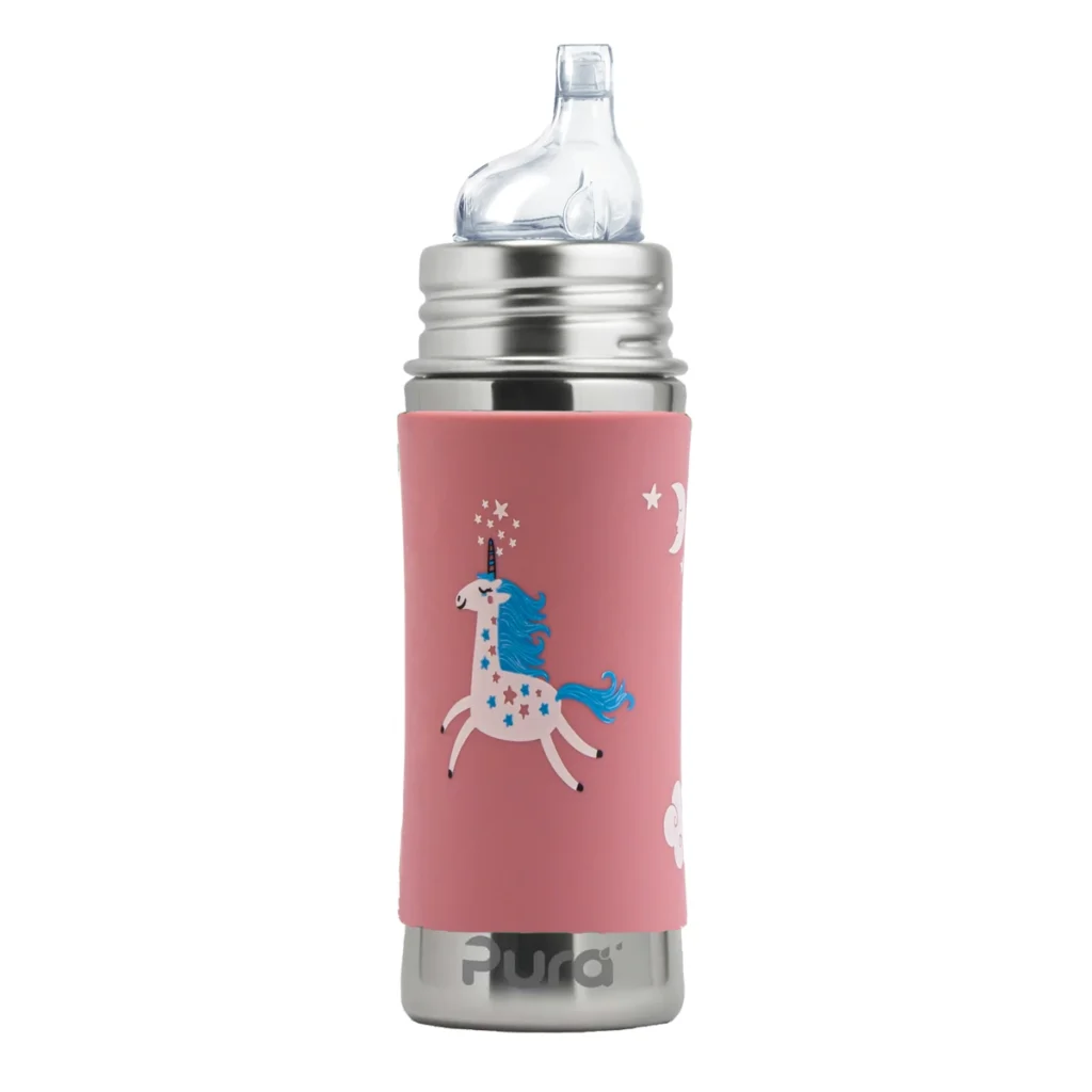 botella de acero inoxidable con boquilla sin plastico rosa con estampado de unicornio