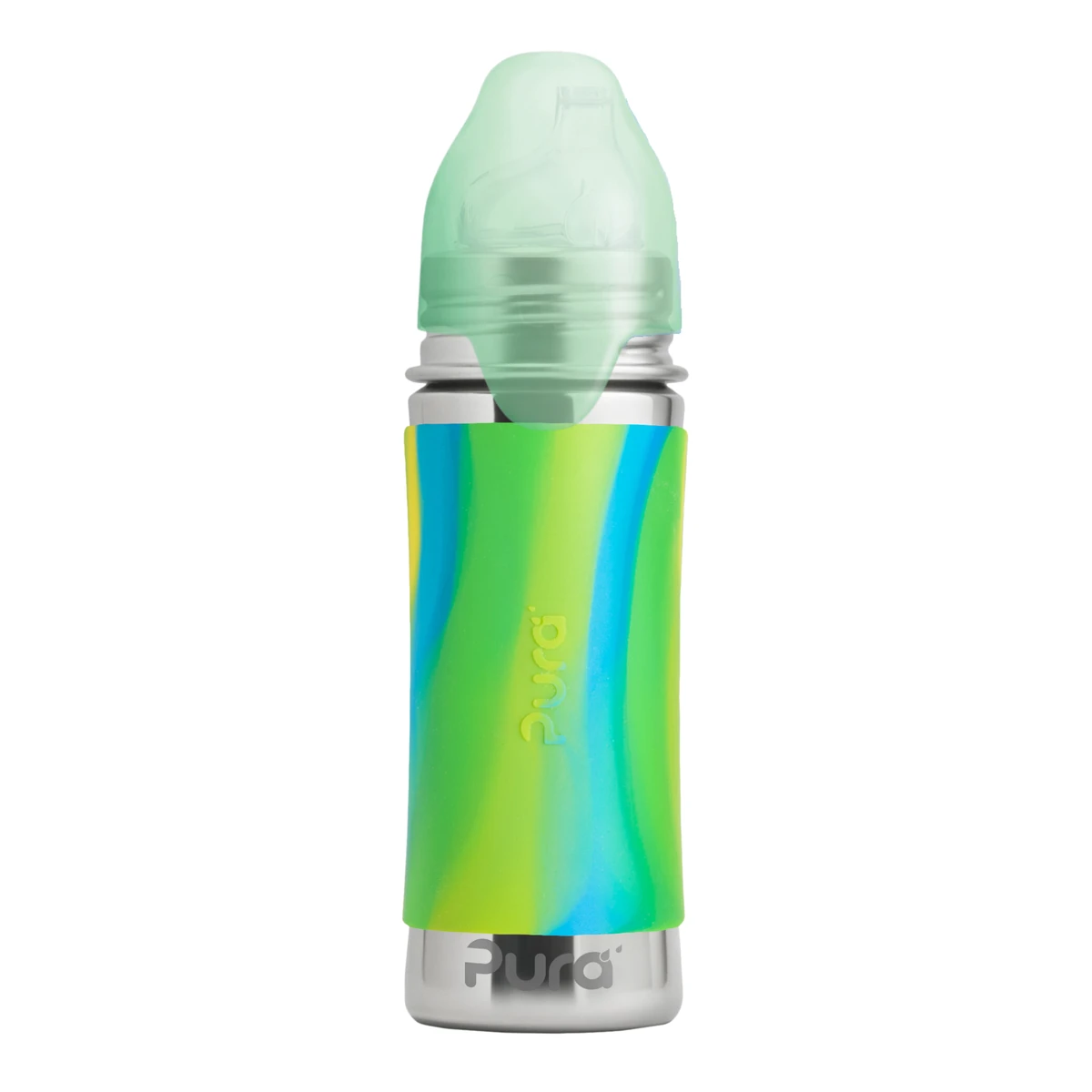 botella aqua swirl de acero con boquilla y tapa protectora de viaje puesta