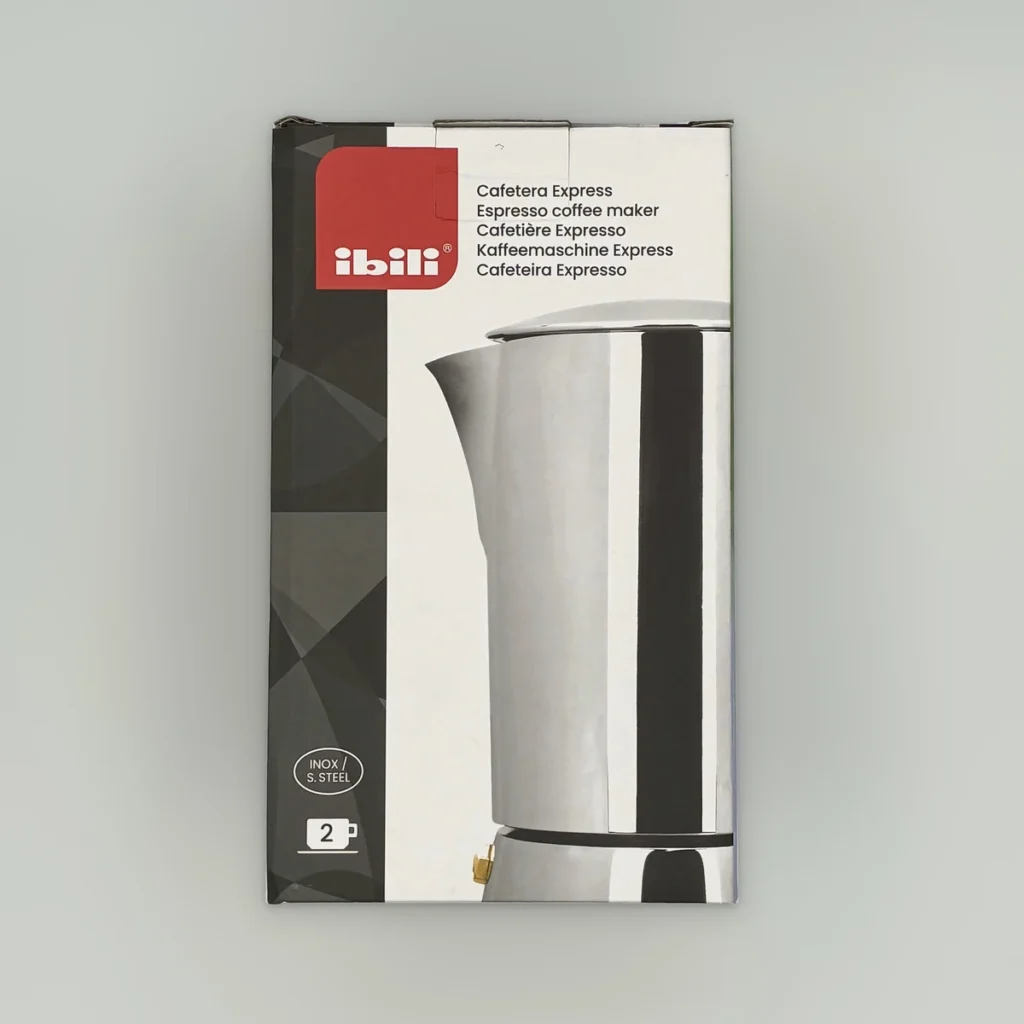 caja de la cafetera italiana de acero inoxidable ibili de 2 tazas apta para induccion
