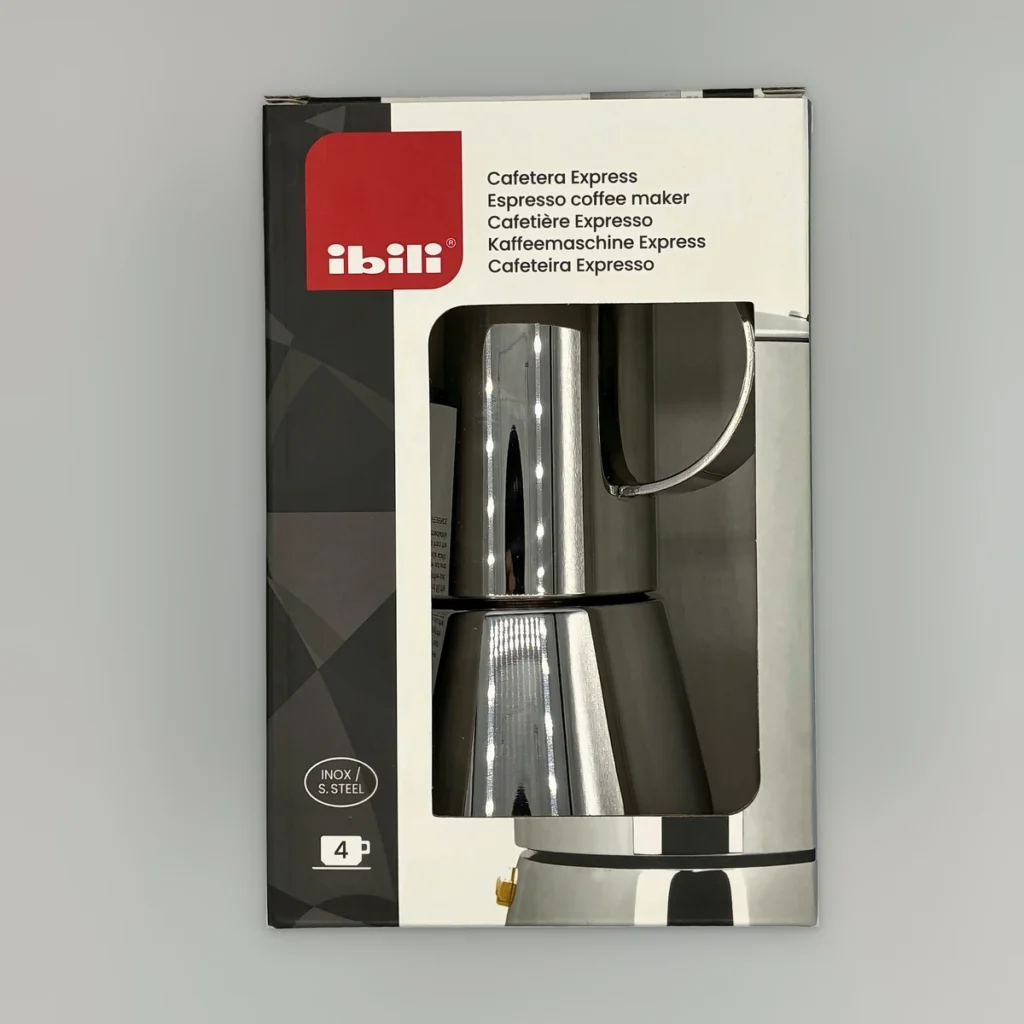 caja de la cafetera italiana de acero inoxidable ibili de 4 tazas apta para induccion