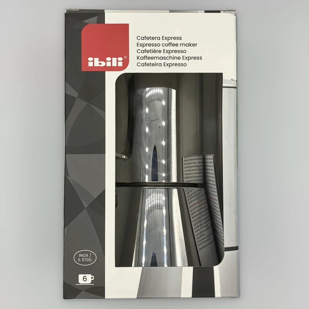 caja de la cafetera italiana de acero inoxidable ibili de 6 tazas apta para induccion