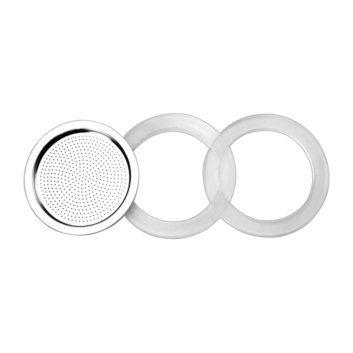 dos juntas de silicona y filtro de acero inoxidable para cafetera italiana