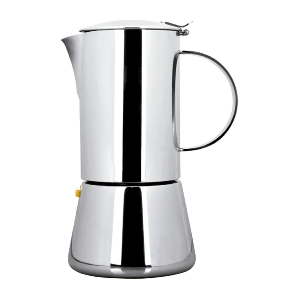 cafetera italiana de acero inoxidable con mango de acero apta para induccion