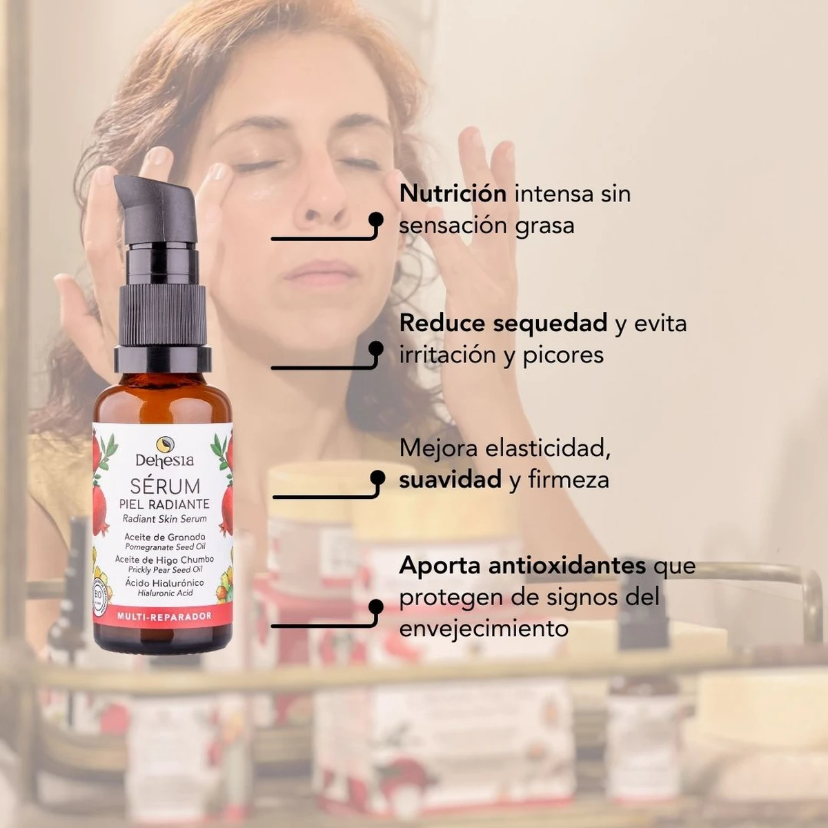 beneficios del serum para piel seca de dehesia: nutricion sin sensacion grasa, menos sequedad, elasticidad y antioxidantes