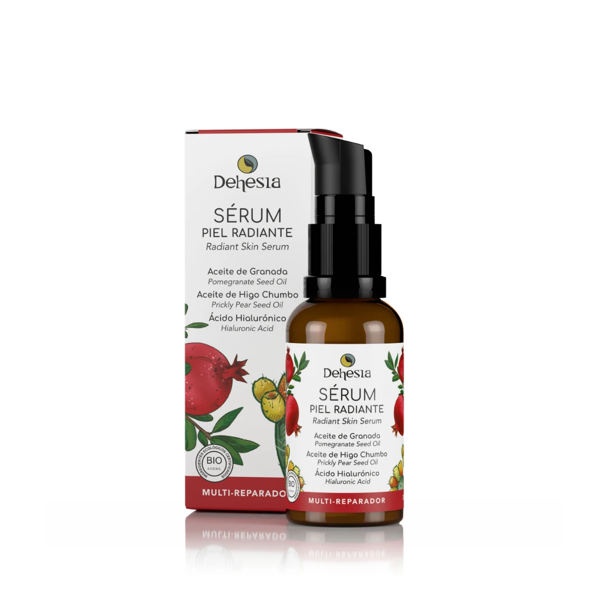 serum facial para piel seca multi-reparador bio de dehesia en frasco de vidrio de 30 ml con dosificador y su caja