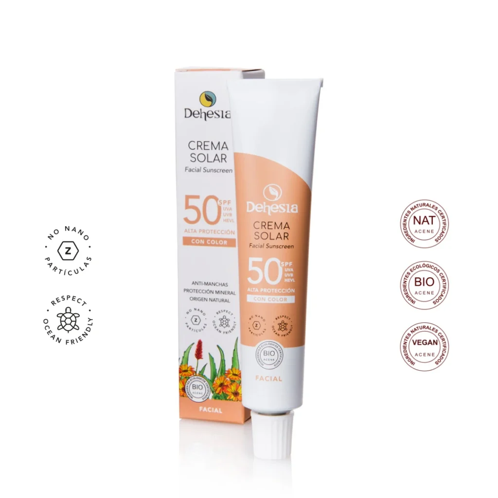 crema solar facial con color spf 50 mineral bio de dehesia en tubo de 30 ml con su caja
