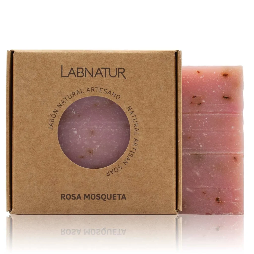 jabon natural premium de rosa mosqueta y aceite de oliva labnatur en caja de carton kraft