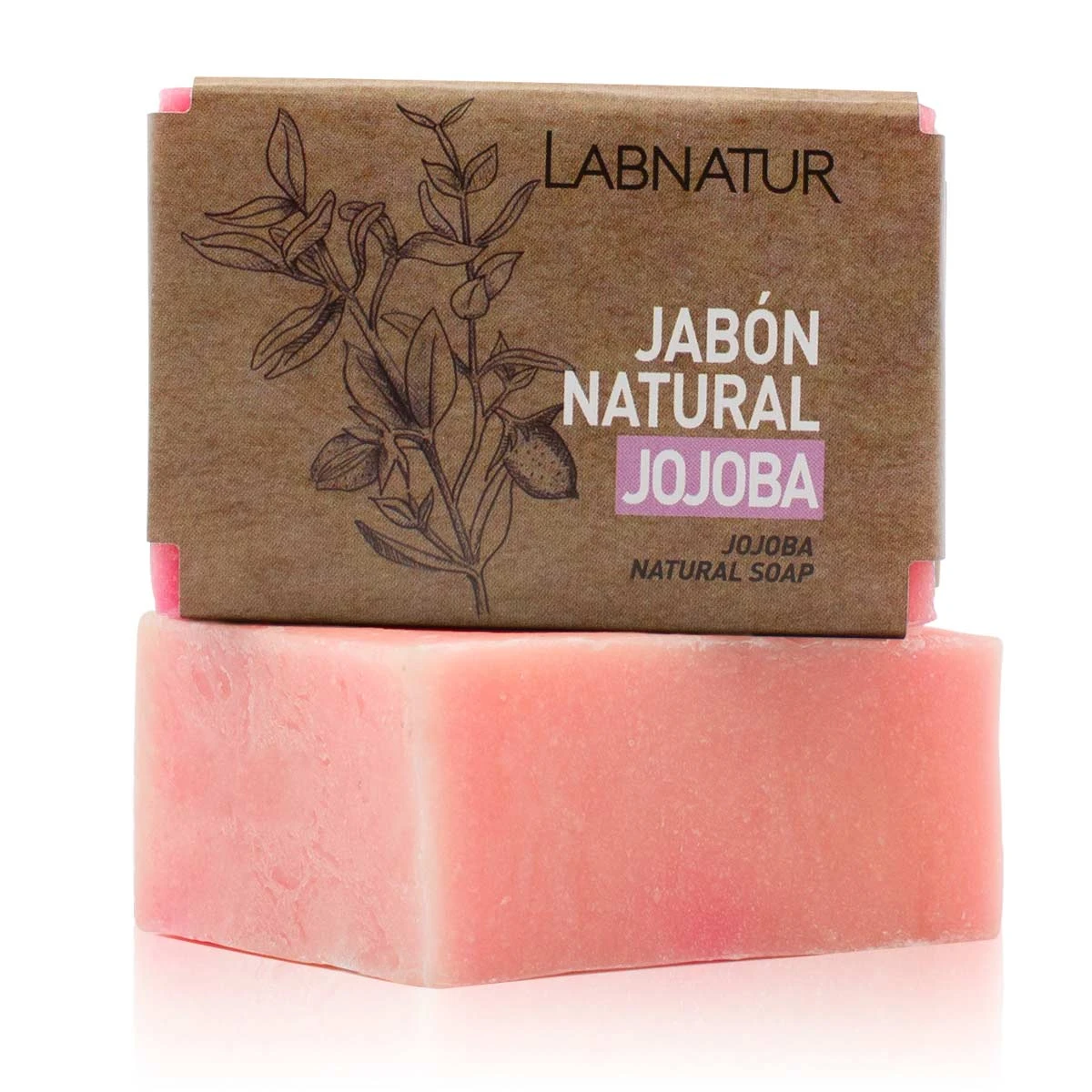 jabon natural de jojoba labnatur rosa con banda de papel kraft